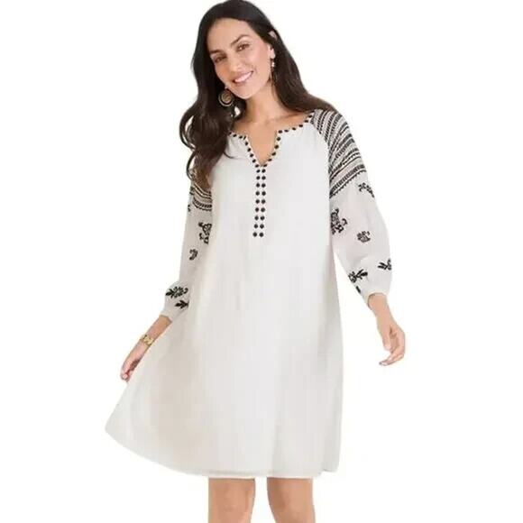 CHICOS Embroidered Shift Dress White Black Gauze Cotton Size 2 (12) Boho Cottage - Picture 1 of 12